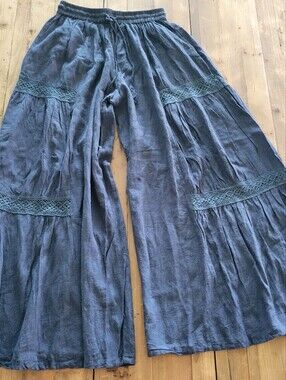 Blue Rain Navy Wide-Leg Lace-Trim Boho Pants